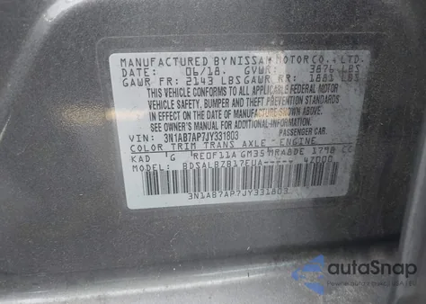 2018 Nissan Sentra S z USA, uszkodzony, nr VIN 3N1AB7AP7JY331803